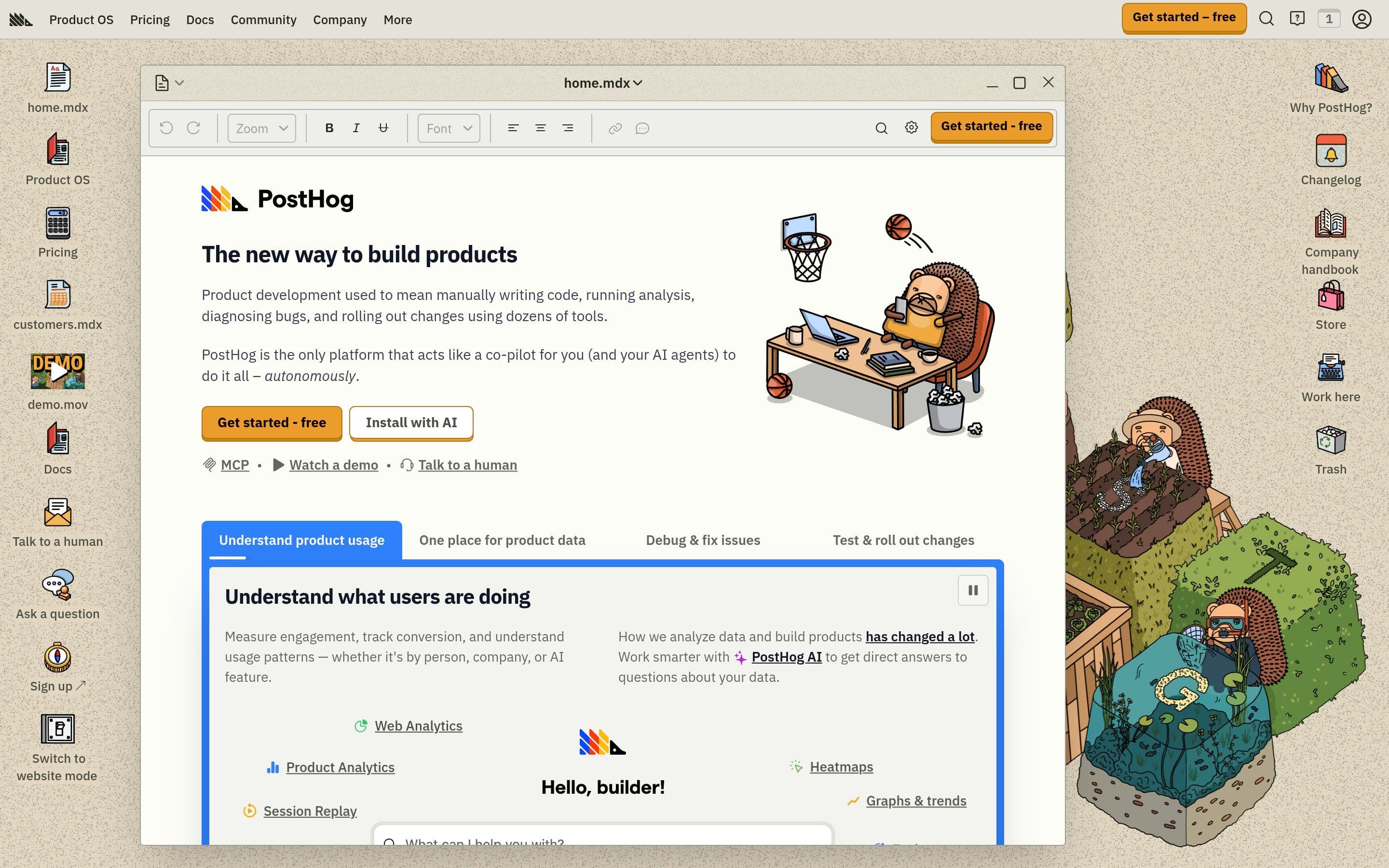 PostHog — Tech, Dev website design
