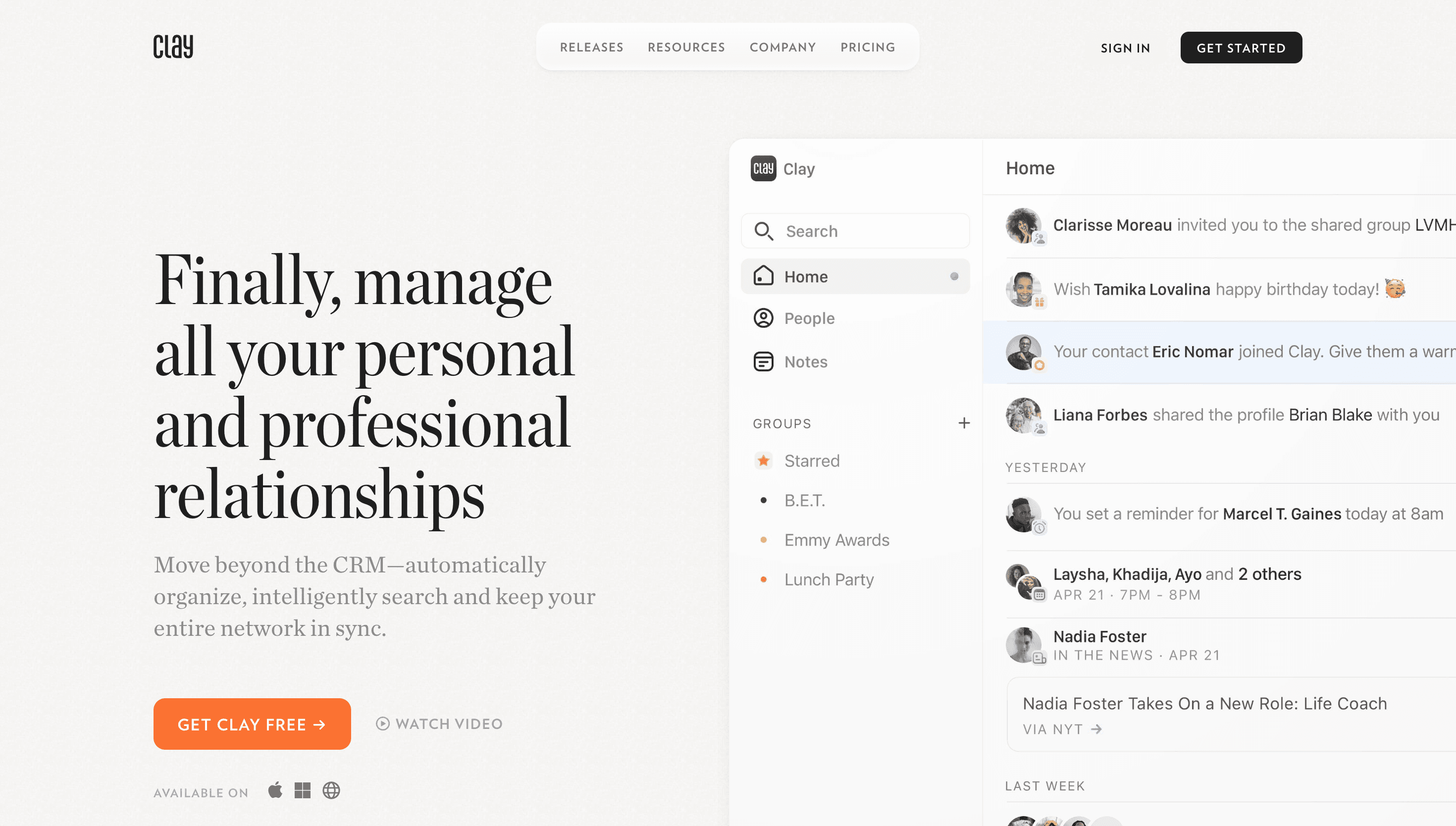 Clay — Productivity, Networking website design